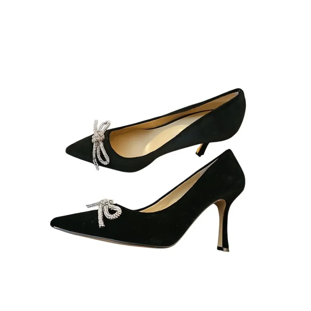 ANN TAYLOR BLACK CRYSTAL BOW VELVET MILA PUMPS HIGH HEELS SHOES 7.5 - Picture 5 of 7
